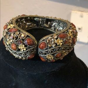 Antiqued Gil Tone Rhinestone Clamper Bracelet